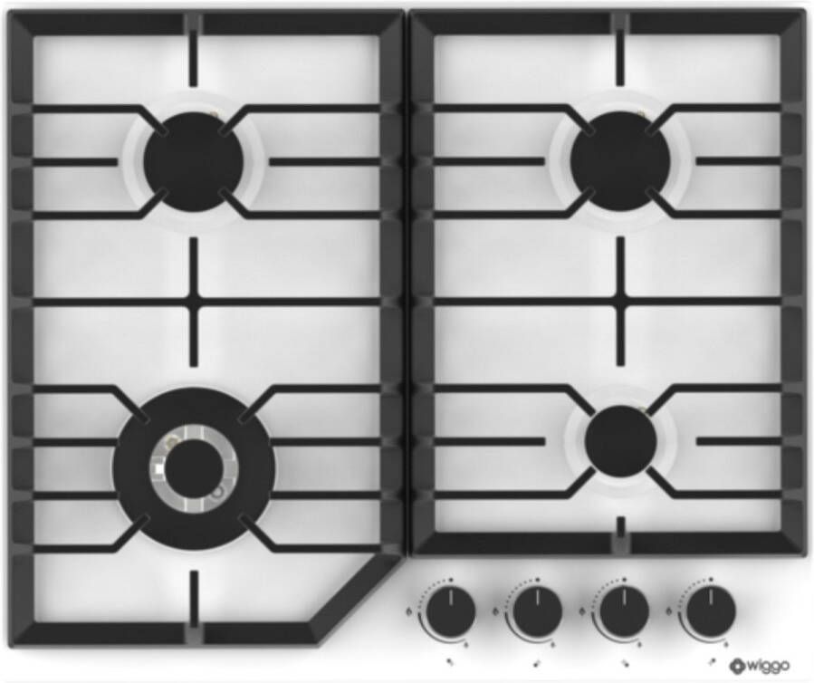 Wiggo WH-G634RL(W) Inbouw Gaskookplaat Wok brander 60 cm 4 Kookzones Gietijzeren pannendragers 5 jaar garantie Wit Geëmailleerd