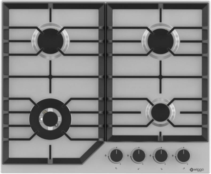 Wiggo WH-G634RL(X) Inbouw Gaskookplaat Wok brander 60 cm 4 Kookzones Gietijzeren pannendragers 5 jaar garantie Roestvrijstaal