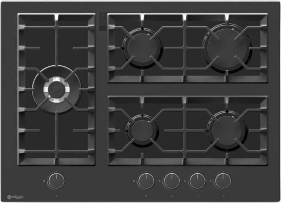 Wiggo WH-G735GR(B) Inbouw Gaskookplaat Glas op gas Wok brander 70cm 5 Kookzones Gietijzeren pannendragers 5 jaar garantie Zwart Glas