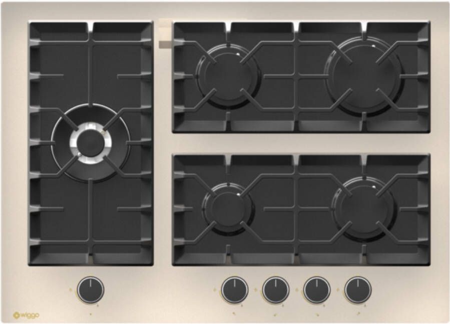 Wiggo WH-G735GR(C) Inbouw Gaskookplaat Glas op gas Wok brander 70cm 5 Kookzones Gietijzeren pannendragers 5 jaar garantie Crème Glas