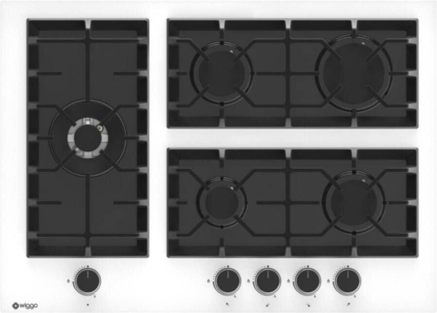 Wiggo WH-G735GR(W) Inbouw Gaskookplaat Glas op gas Wok brander 70cm 5 Kookzones Gietijzeren pannendragers 5 jaar garantie Wit Glas