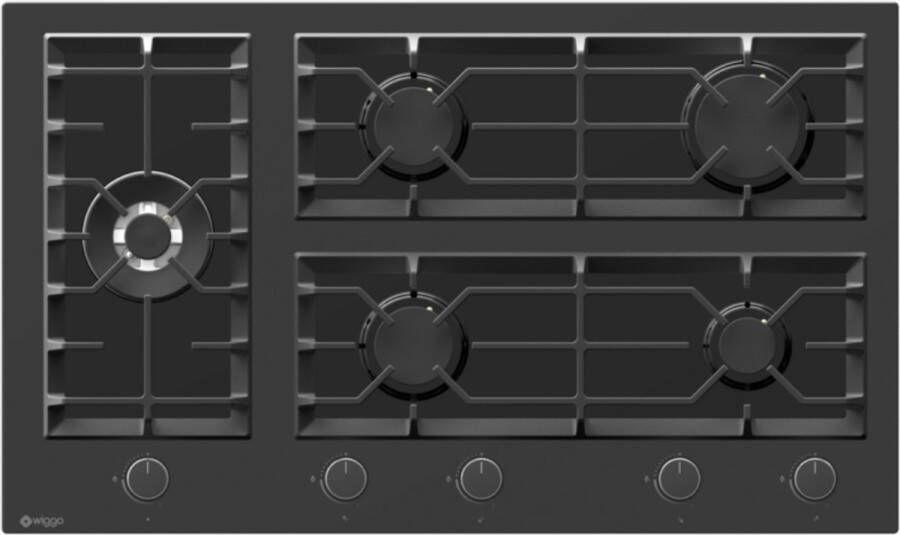 Wiggo WH-G935GR(B) Inbouw Gaskookplaat Glas op gas Wok brander 90cm 5 Kookzones Gietijzeren pannendragers 5 jaar garantie Zwart Glas - Foto 2