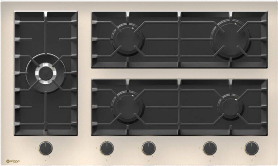 Wiggo WH-G935GR(C) Inbouw Gaskookplaat Glas op gas Wok brander 90cm 5 Kookzones Gietijzeren pannendragers 5 jaar garantie Crème Glas