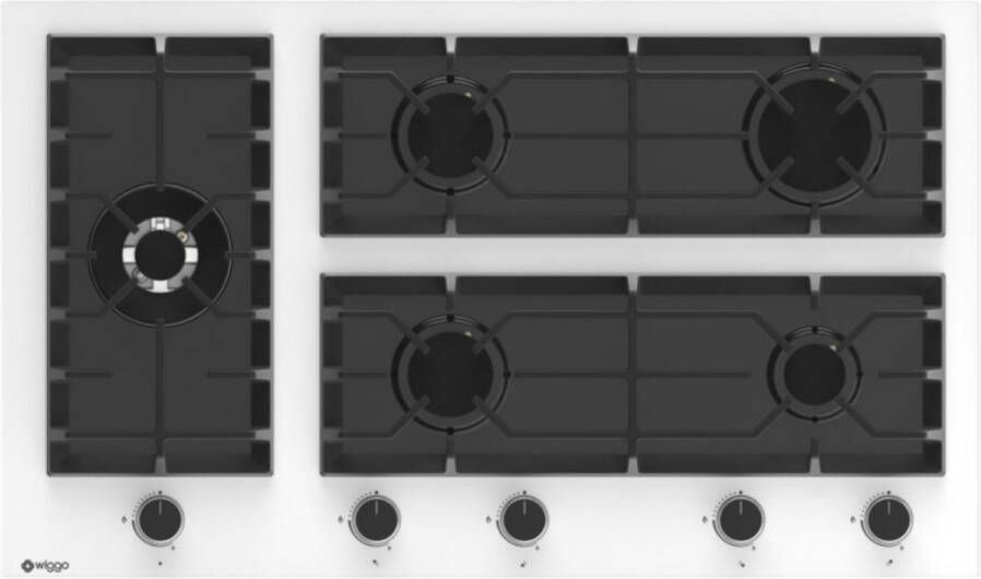 Wiggo WH-G935GR(W) Inbouw Gaskookplaat Glas op gas Wok brander 90cm 5 Kookzones Gietijzeren pannendragers 5 jaar garantie Wit Glas