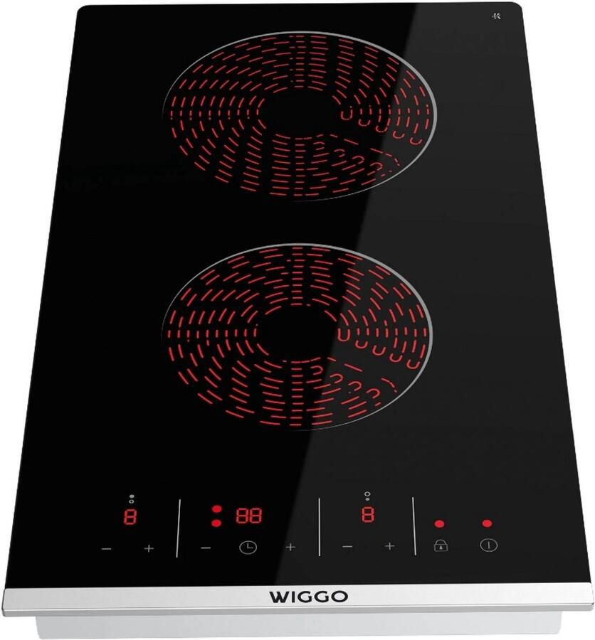 Wiggo Inbouw Keramische Kookplaat – 2 Kookzones – 3000 W – 30 cm – Touch Bediening – 9 Vermogensstanden – Timer – Kinderslot – Zwart