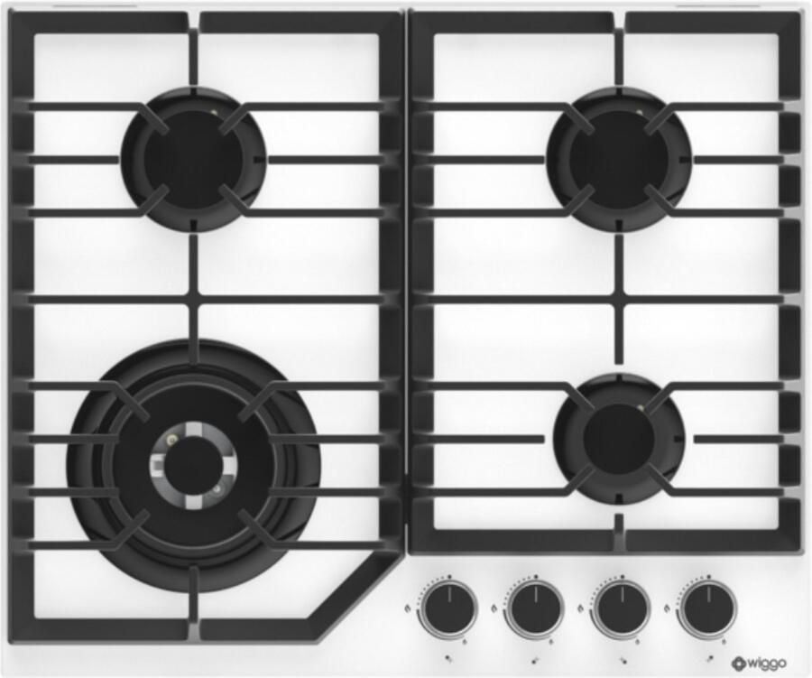 Wiggo WH-G634GL(W) Inbouw Gaskookplaat Glas op gas Wok brander 60cm 4 Kookzones Gietijzeren pannendragers 5 jaar garantie Wit Glas
