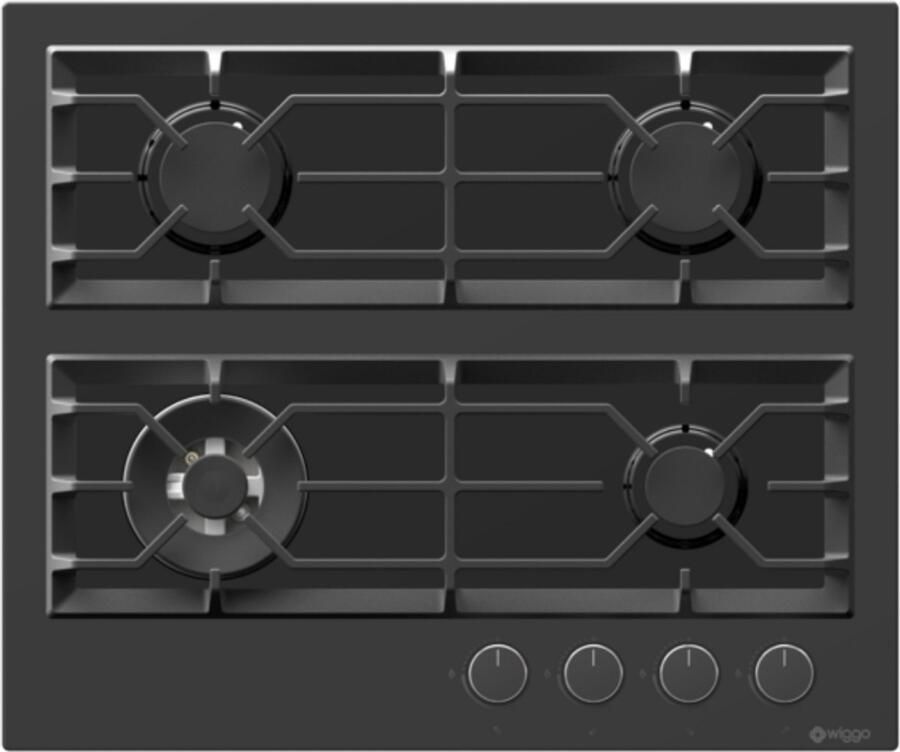 Wiggo WH-G634GR(B) Inbouw Gaskookplaat Glas op gas Wok brander 60cm 4 Kookzones Gietijzeren pannendragers 5 jaar garantie Zwart Glas