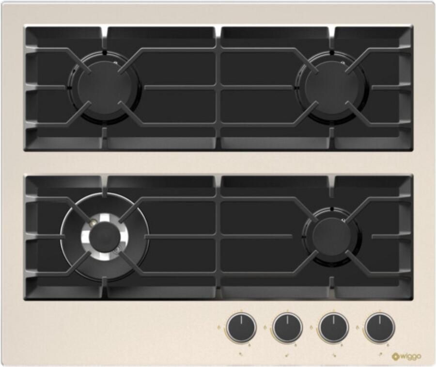 Wiggo WH-G634GR(C) Inbouw Gaskookplaat Glas op gas Wok brander 60cm 4 Kookzones Gietijzeren pannendragers 5 jaar garantie Crème Glas