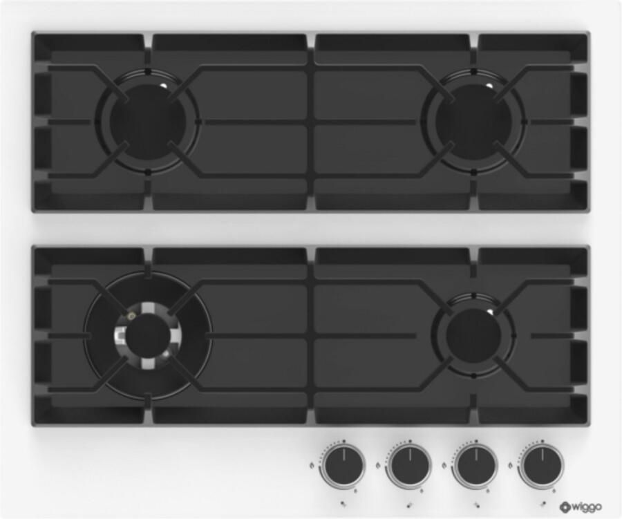 Wiggo WH-G634GR(W) Inbouw Gaskookplaat Glas op gas Wok brander 60cm 4 Kookzones Gietijzeren pannendragers 5 jaar garantie Wit Glas