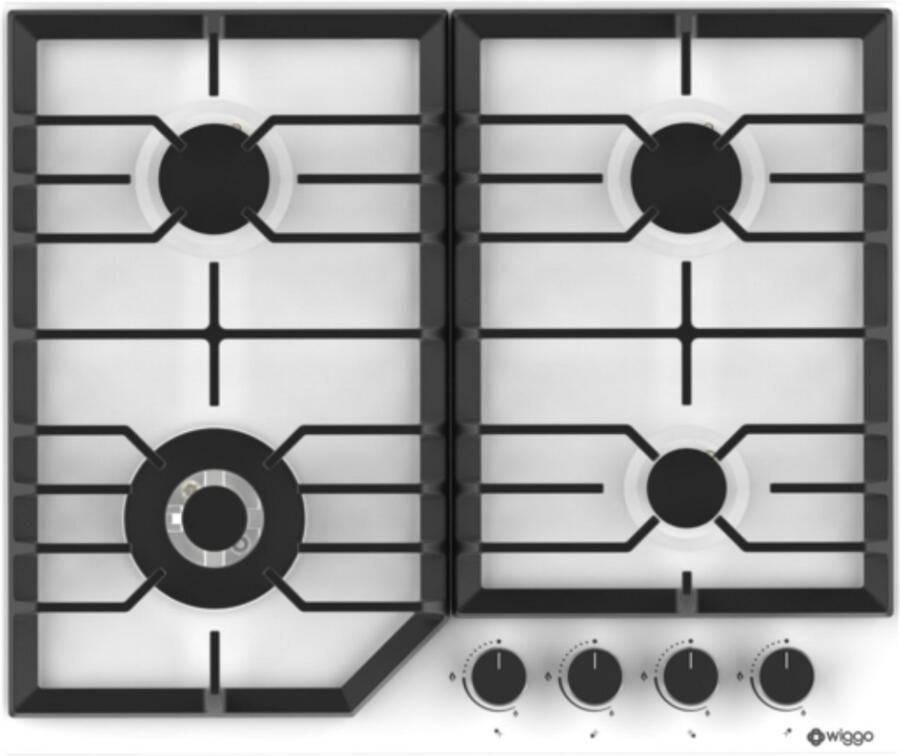 Wiggo WH-G634RL(W) Inbouw Gaskookplaat Wok brander 60 cm 4 Kookzones Gietijzeren pannendragers 5 jaar garantie Wit Geëmailleerd