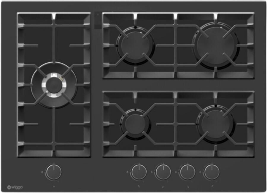 Wiggo WH-G735GR(B) Inbouw Gaskookplaat Glas op gas Wok brander 70cm 5 Kookzones Gietijzeren pannendragers 5 jaar garantie Zwart Glas