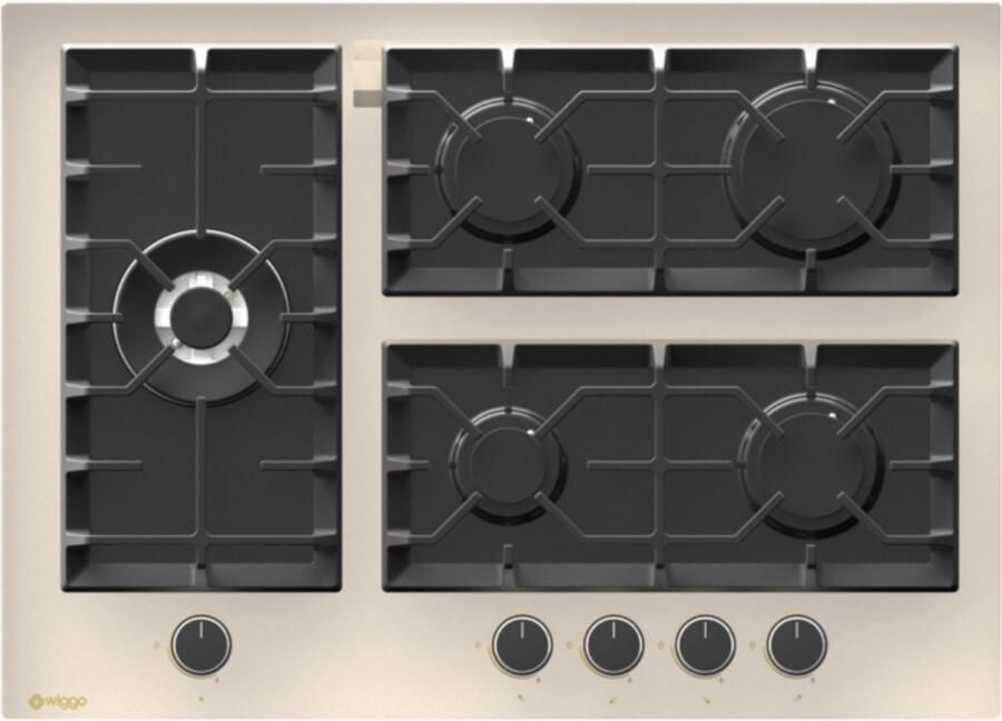 Wiggo WH-G735GR(C) Inbouw Gaskookplaat Glas op gas Wok brander 70cm 5 Kookzones Gietijzeren pannendragers 5 jaar garantie Crème Glas