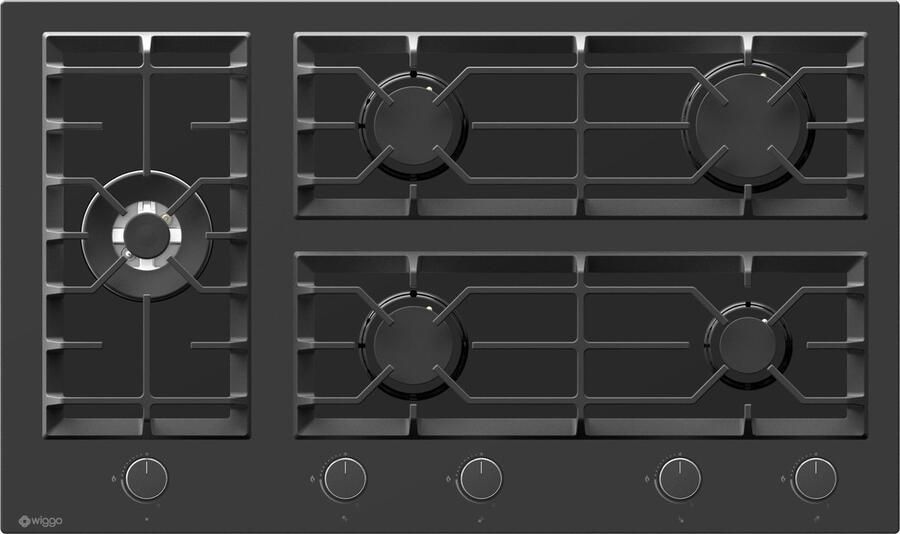 Wiggo WH-G935GR(B) Inbouw Gaskookplaat Glas op gas Wok brander 90cm 5 Kookzones Gietijzeren pannendragers 5 jaar garantie Zwart Glas