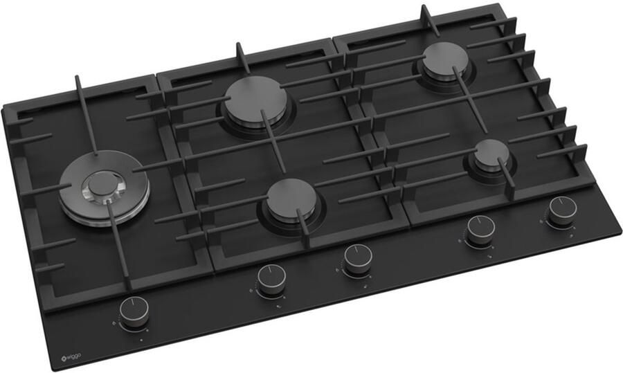 Wiggo WH-G935RR(B) Inbouw Gaskookplaat Wok brander 90 cm 5 Kookzones Gietijzeren pannendragers 5 jaar garantie Zwart Geëmailleerd