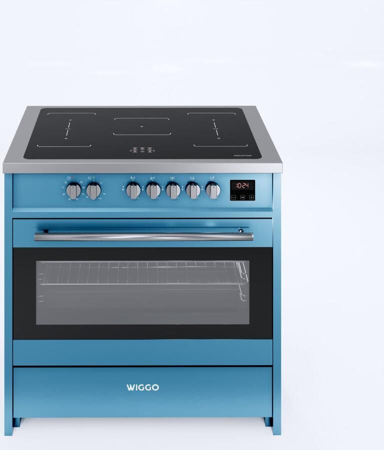 Wiggo WIO-E921A(AX) – Inductie Fornuis – 90 cm – 2 fasen (7.6 kW) – Oven 121L – 50-250°C – Metaal – Aqua Blue