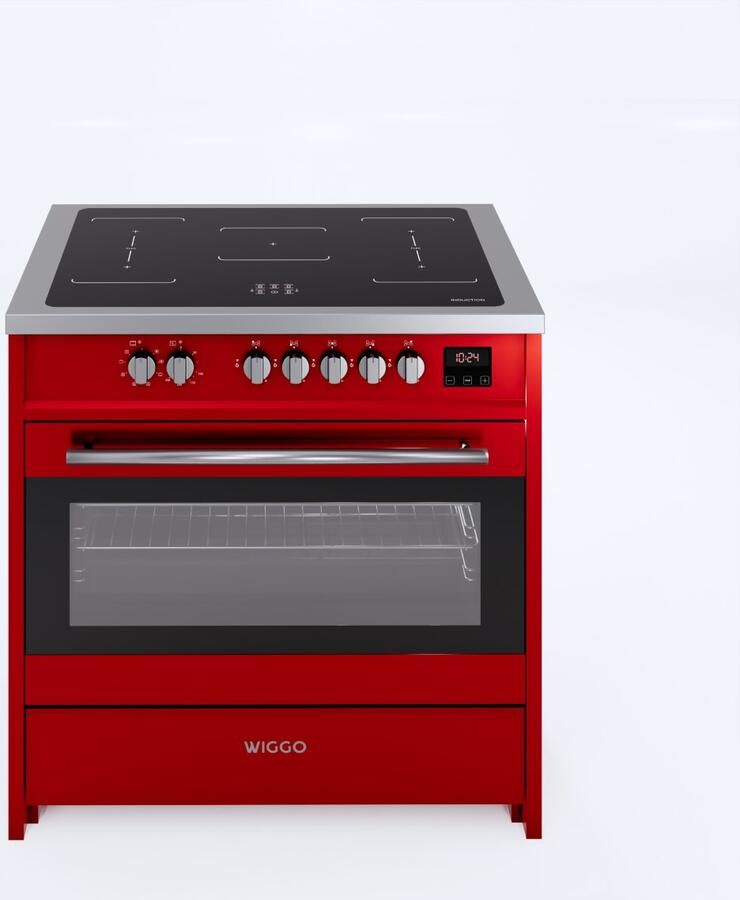 Wiggo WIO-E921A(RX) – Inductie Fornuis – 90 cm – 2 fasen (7.6 kW) – Oven 121L – 50-250°C – Metaal – Rood