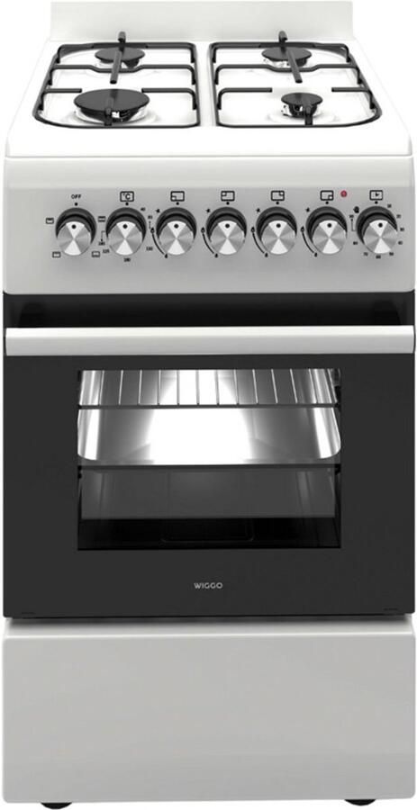 Wiggo WO-E506A(WX) Vrijstaand Gasfornuis met oven 50cm breed 52 Liter 4 pitten Energieklasse A 5 jaar garantie Wit Inox