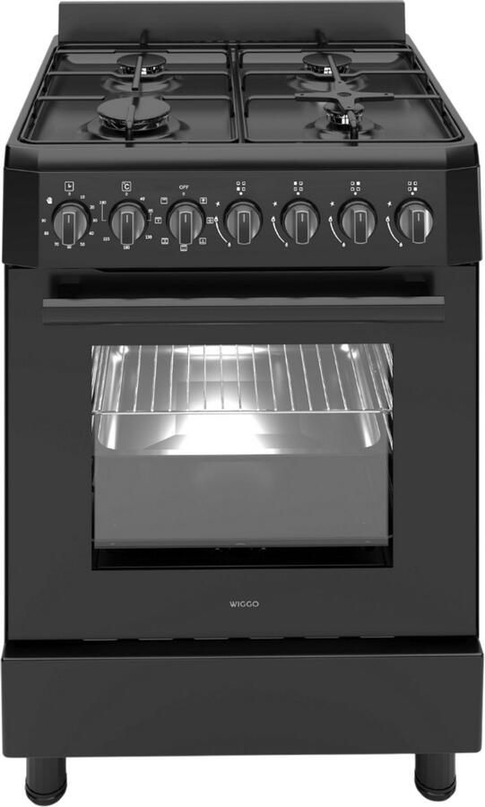 Wiggo WO-E605R(BB) – Vrijstaand gasfornuis – 60 cm – 4 kookzones – 66L elektrische oven – Zwart – Elektrische vonkontsteking & vlambeveiliging – Energieklasse B – 5 jaar garantie