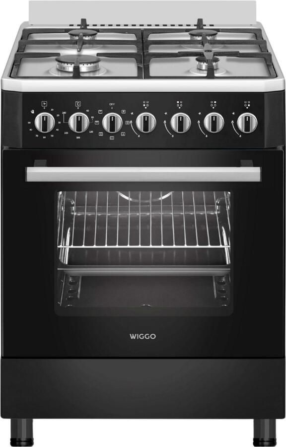 Wiggo WO-E605R(BX) – Vrijstaand gasfornuis – 60 cm – 4 kookzones – 66L elektrische oven – Zwart Roestvrijstaal – Elektrische vonkontsteking & vlambeveiliging – Energieklasse B – 5 jaar garantie