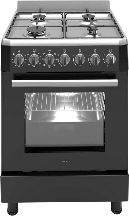 Wiggo WO-E609R(BX) – Vrijstaand gasfornuis – 60 cm – 4 kookzones – 56L elektrische oven – Zwart Roestvrijstaal – Elektrische vonkontsteking & vlambeveiliging – Energieklasse A – 5 jaar garantie