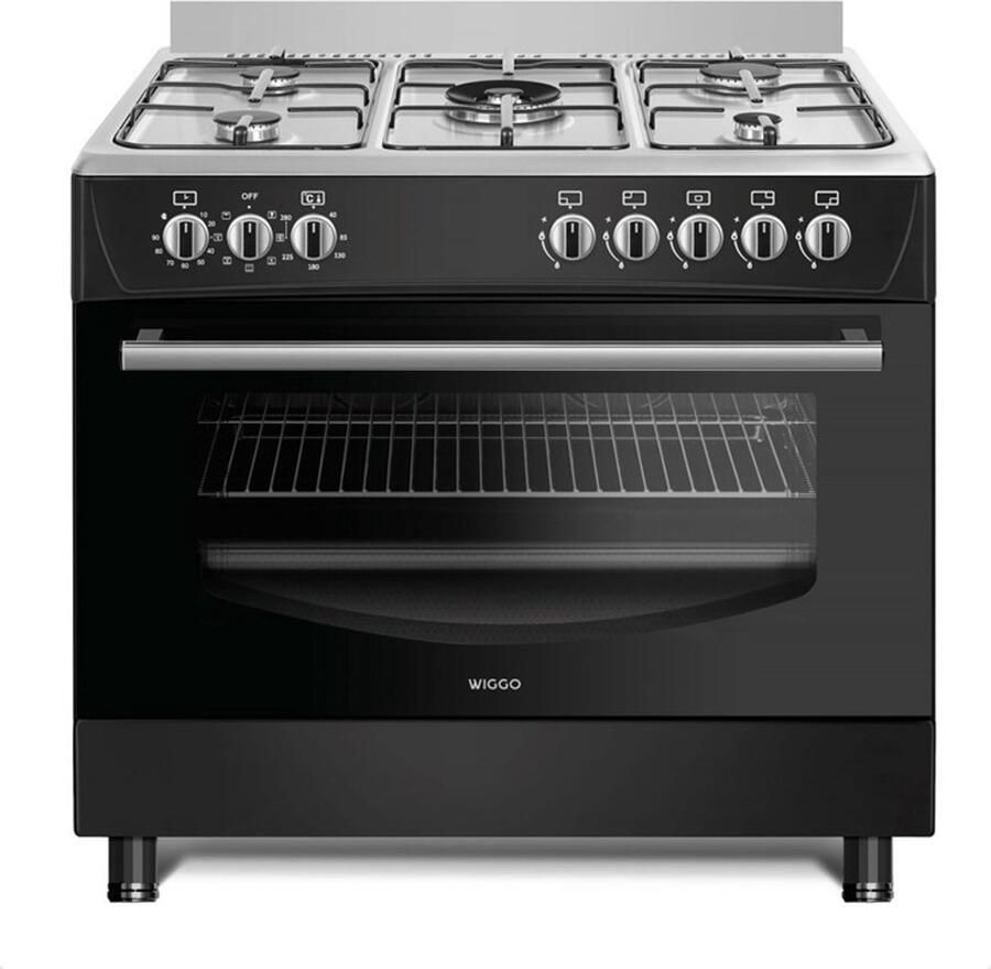 Wiggo WO-E906B(BX) Vrijstaand Gasfornuis 90 cm 110 Liter 5 pitten Energieklasse A 5 jaar garantie Zwart Inox