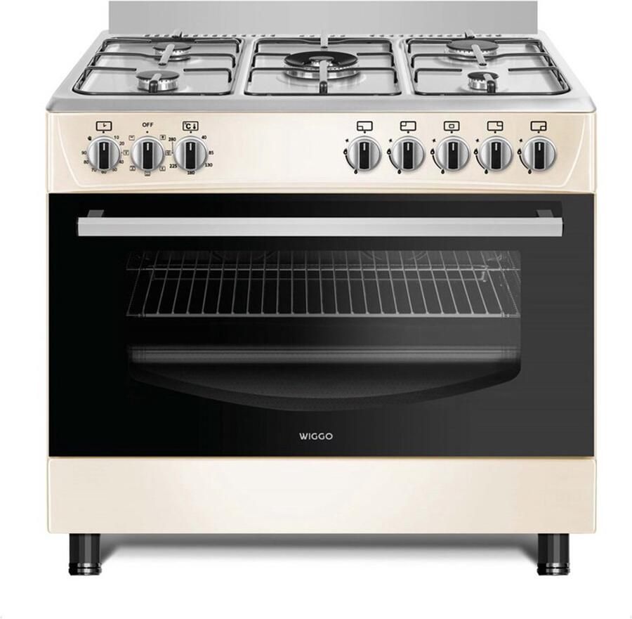 Wiggo WO-E906B(CX) Vrijstaand Gasfornuis 90 cm 110 Liter 5 pitten Energieklasse A 5 jaar garantie Creme
