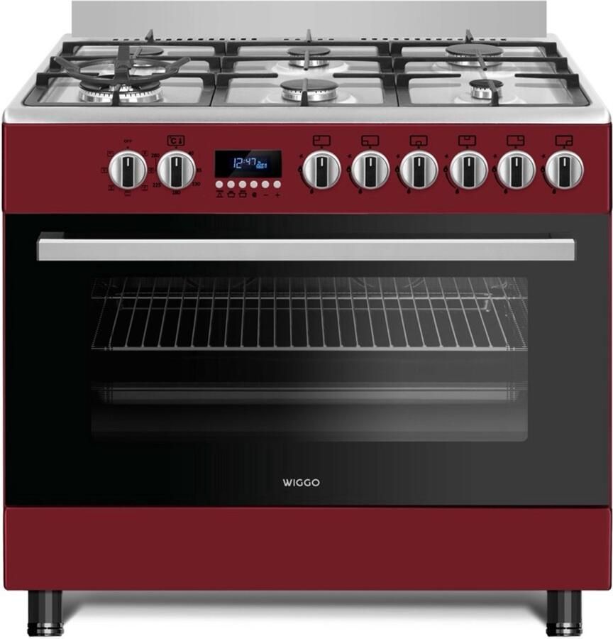 Wiggo WO-E969R(RX) Vrijstaand Gasfornuis 90 cm 110 Liter 6 pitten Energieklasse B 5 jaar garantie Rood Rvs - Foto 2