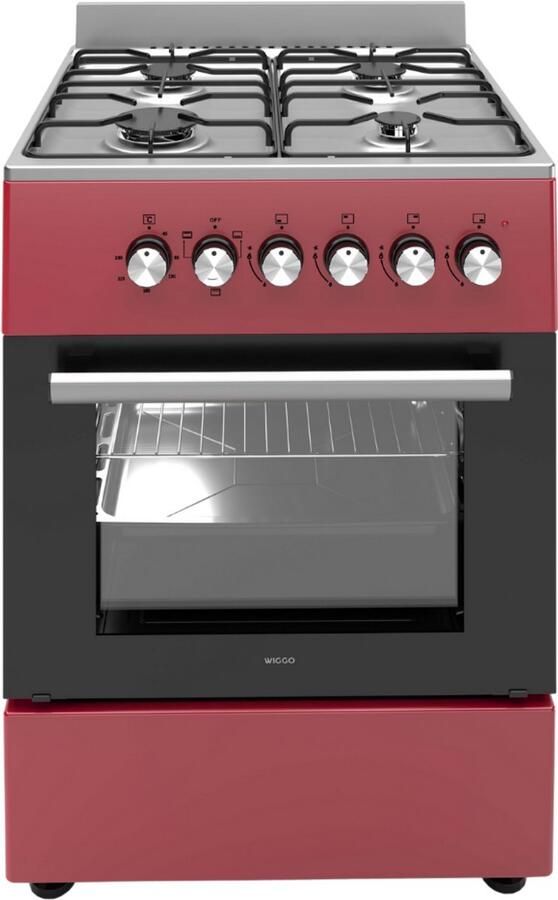 Wiggo WO‑E603R(RX) – Vrijstaand gasfornuis – 60 cm – 4 kookzones – 56L elektrische oven – Rood Roestvrijstaal – Elektrische vonkontsteking & vlambeveiliging – Energieklasse A – 5 jaar garantie