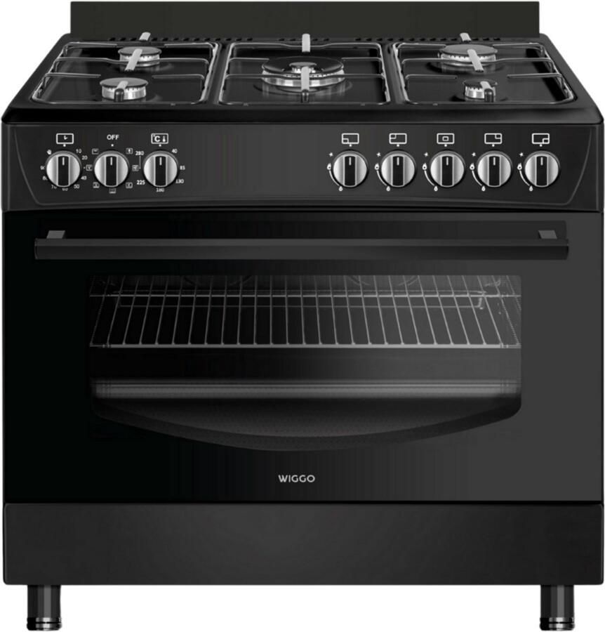 Wiggo WO‑E905R(BB) – Vrijstaand gasfornuis – 90 cm – 5 kookzones met wokbrander – 110L elektrische oven – Zwart – Elektrische vonkontsteking & vlambeveiliging – Energieklasse B – 5 jaar garantie