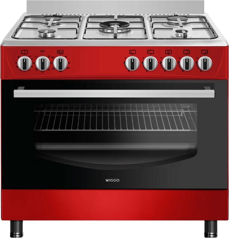 Wiggo WO‑E905R(RX) – Vrijstaand gasfornuis – 90 cm – 5 kookzones met wokbrander – 110L elektrische oven – Rood Roestvrijstaal – Elektrische vonkontsteking & vlambeveiliging – Energieklasse B – 5 jaar garantie