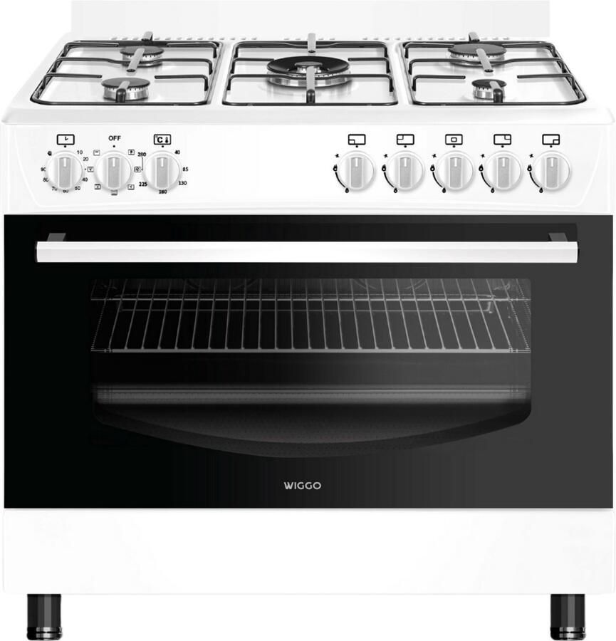Wiggo WO‑E905R(WW) – Vrijstaand gasfornuis – 90 cm – 5 kookzones met wokbrander – 110L elektrische oven – Wit – Elektrische vonkontsteking & vlambeveiliging – Energieklasse B – 5 jaar garantie