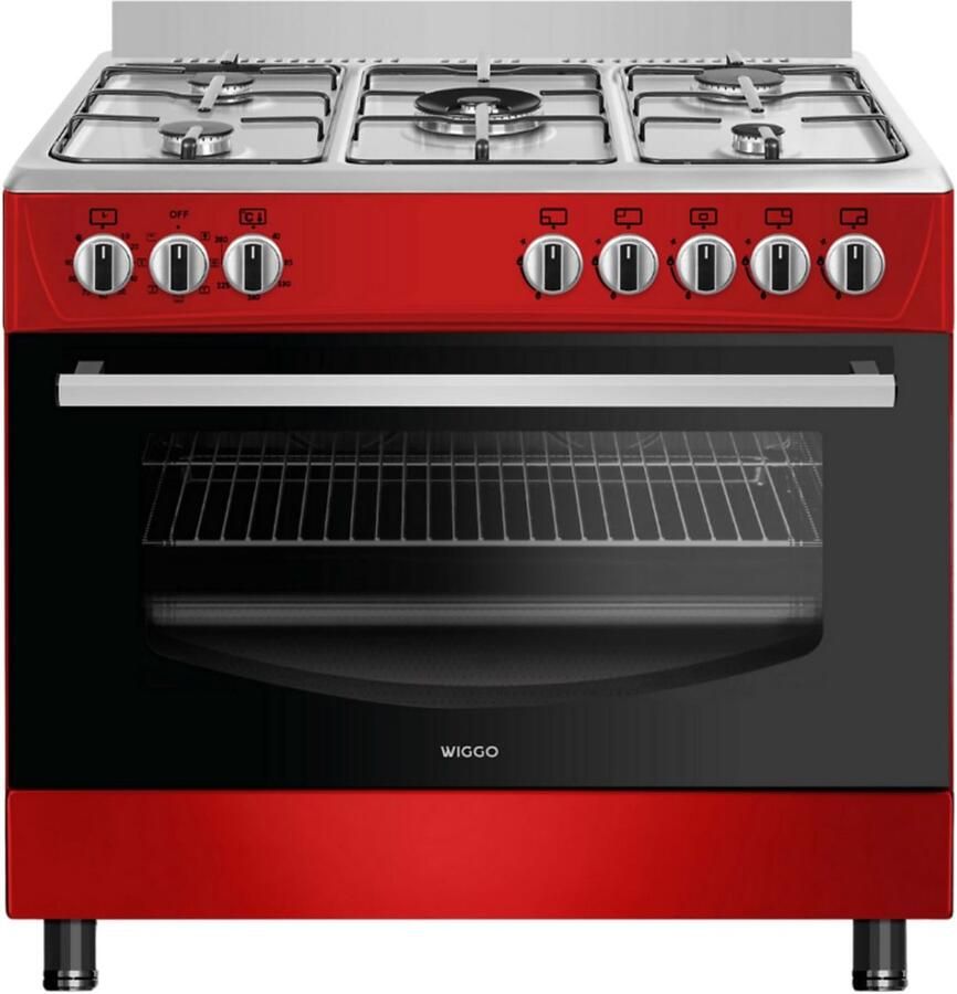 Wiggo WO‑E909R(RX) – Vrijstaand gasfornuis – 90 cm – 5 kookzones met wokbrander – 110L elektrische oven – Rood – Elektrische vonkontsteking & vlambeveiliging – Energieklasse B – 5 jaar garantie