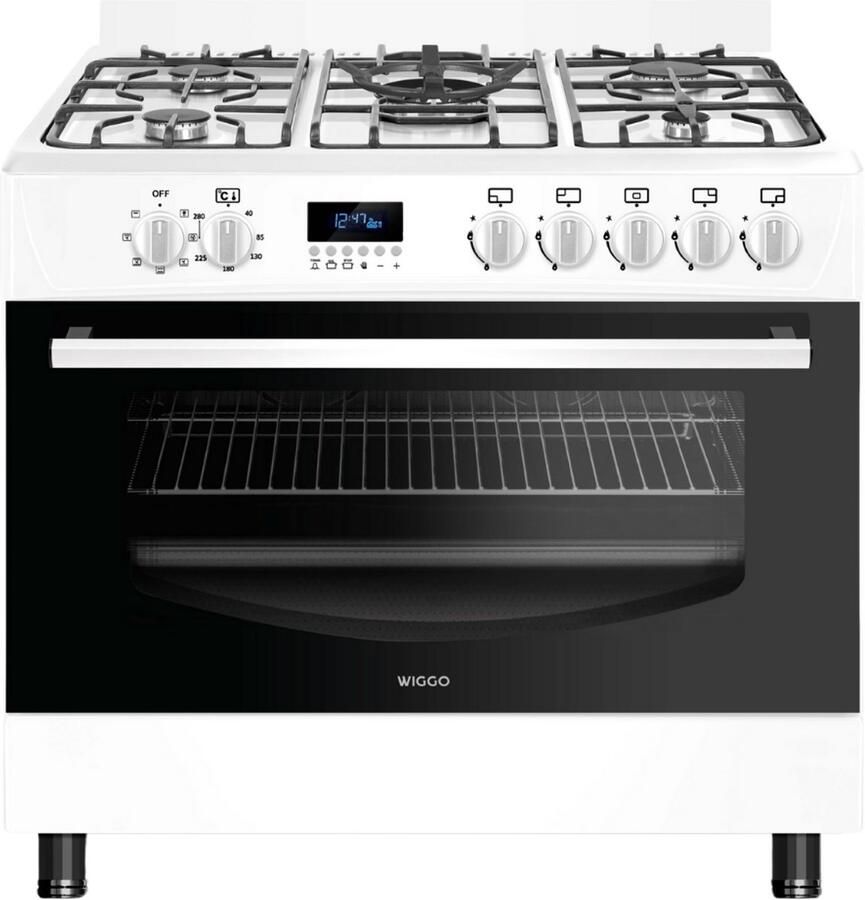 Wiggo WO‑E909R(WW) – Vrijstaand gasfornuis – 90 cm – 5 kookzones met wokbrander – 110L elektrische oven – Wit – Elektrische vonkontsteking & vlambeveiliging – Energieklasse B – 5 jaar garantie