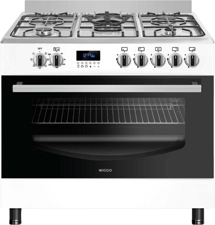Wiggo WO‑E909R(WX) – Vrijstaand gasfornuis – 90 cm – 5 kookzones met wokbrander – 110L elektrische oven – Wit Roestvrijstaal – Elektrische vonkontsteking & vlambeveiliging – Energieklasse B – 5 jaar garantie