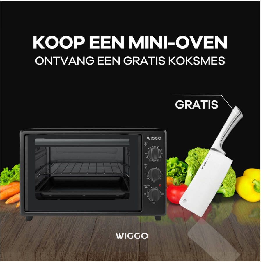 Wiggo WMO-E353(B) Vrijstaande Mini Oven 35 liter 1800 Watt Timer Zwart Tijdelijk een gratis koksmes van Villeroy & Boch ter waarde van 44 95€ bijgeleverd!