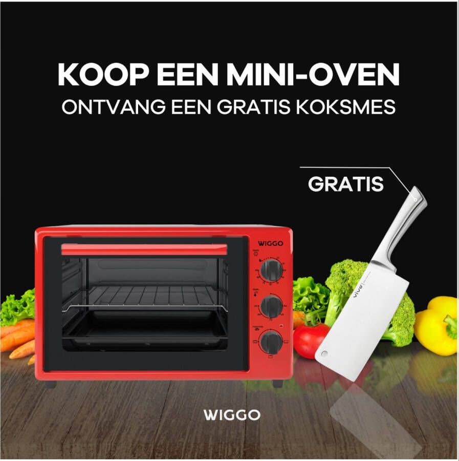 Wiggo WMO-E353(R) Vrijstaande Mini Oven 35 liter 1800 Watt Timer Rood Tijdelijk een gratis koksmes van Villeroy & Boch ter waarde van 44 95€ bijgeleverd!