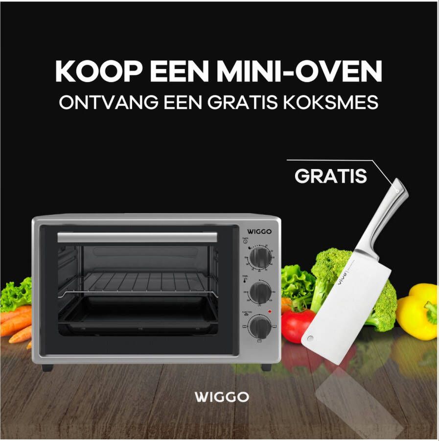 Wiggo WMO-E353(X) Vrijstaande Mini Oven 35 liter 1800 Watt Timer Grijs Tijdelijk een gratis koksmes van Villeroy & Boch ter waarde van 44 95€ bijgeleverd!
