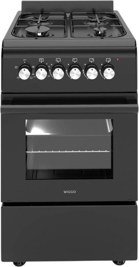 Wiggo WO-E503A(BB) Vrijstaand Gasfornuis met oven 50cm breed 52 Liter 4 pitten Energieklasse A 5 jaar garantie Zwart