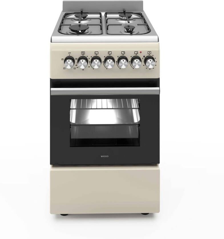 Wiggo WO‑E505R(CX) – Vrijstaand gasfornuis – 50 cm – 4 kookzones – 52L elektrische oven – Crème Roestvrijstaal – Energieklasse A – Timer & elektrische vonkontsteking – 5 jaar garantie