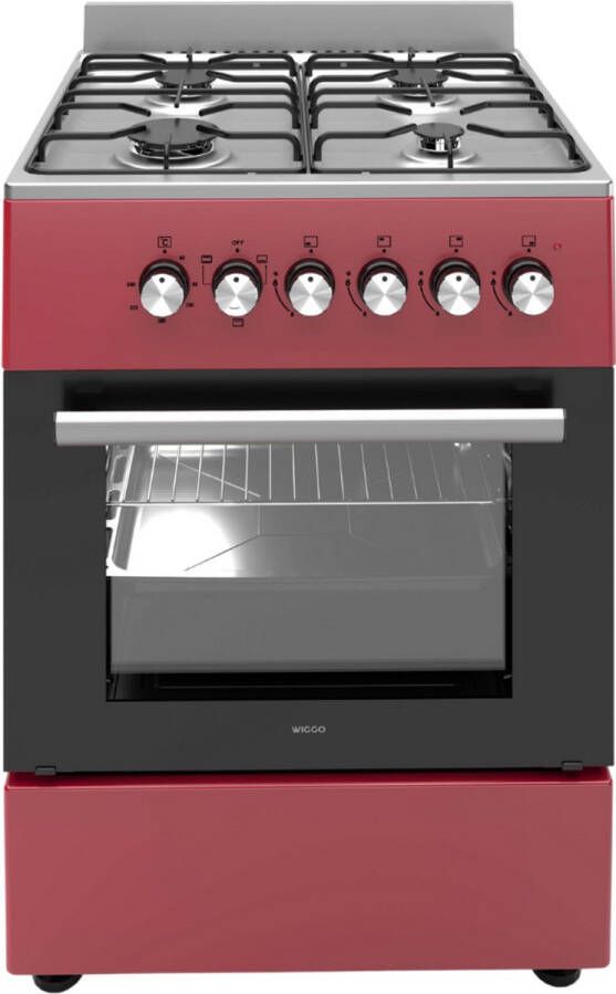 Wiggo WO‑E603R(RX) – Vrijstaand gasfornuis – 60 cm – 4 kookzones – 56L elektrische oven – Rood Roestvrijstaal – Elektrische vonkontsteking & vlambeveiliging – Energieklasse A – 5 jaar garantie
