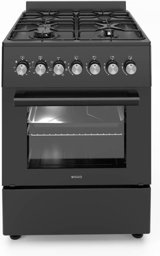 Wiggo WO-E606A(BB) Vrijstaand Gasfornuis 60 cm 66 Liter 4 pitten Energieklasse B 5 jaar garantie Zwart