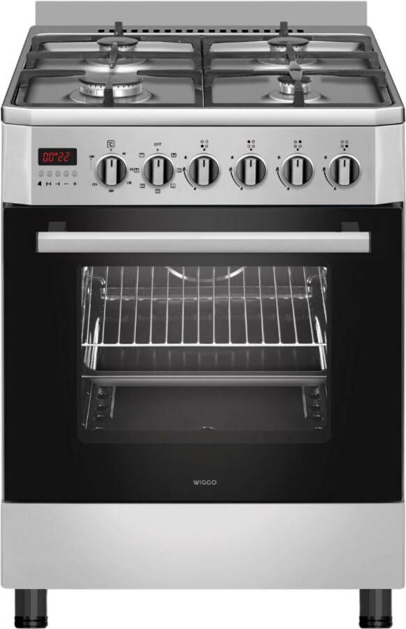 Wiggo WO-E609R(XX) – Vrijstaand gasfornuis – 60 cm – 4 kookzones – 56L elektrische oven – Roestvrijstaal – Elektrische vonkontsteking & vlambeveiliging – Energieklasse A – 5 jaar garantie