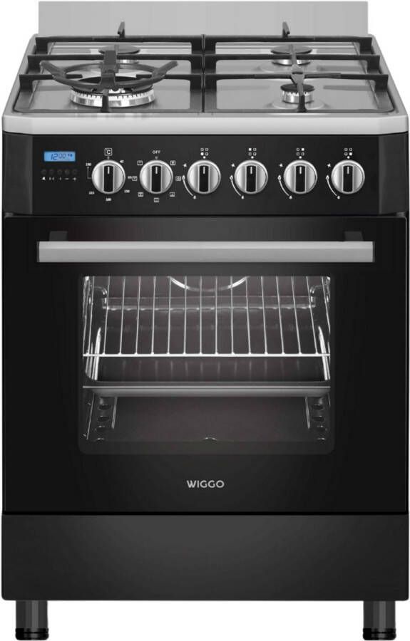 Wiggo WO-E639R(BX) – Vrijstaand gasfornuis – 60 cm – 5 kookzones – met wokbrander – 56L elektrische oven – Zwart Roestvrijstaal – Elektrische vonkontsteking & vlambeveiliging – Energieklasse A – 5 jaar garantie