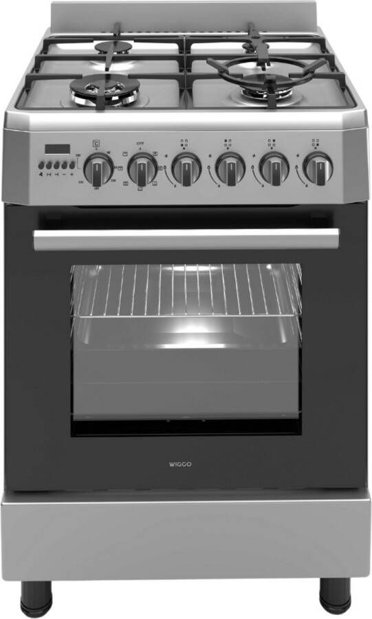 Wiggo WO-E639R(XX) – Vrijstaand gasfornuis – 60 cm – 5 kookzones – met wokbrander – 56L elektrische oven – Roestvrijstaal – Elektrische vonkontsteking & vlambeveiliging – Energieklasse A – 5 jaar garantie
