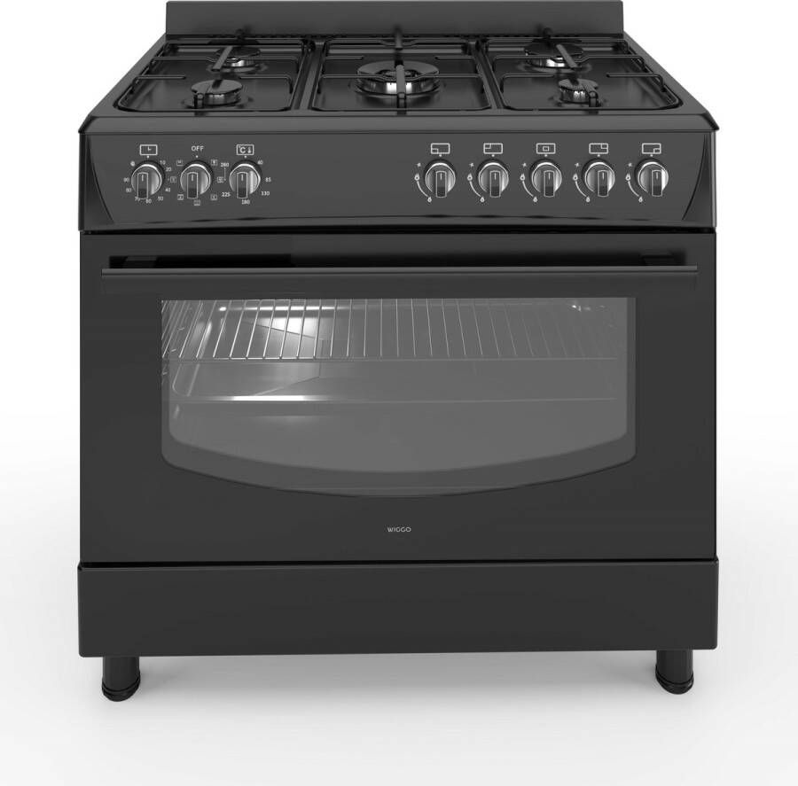 Wiggo WO-E903R(BB) Gasfornuis 5 Kookzones 5 Ovenstanden Wokbrander Timer 5 Jaar Garantie Zwart