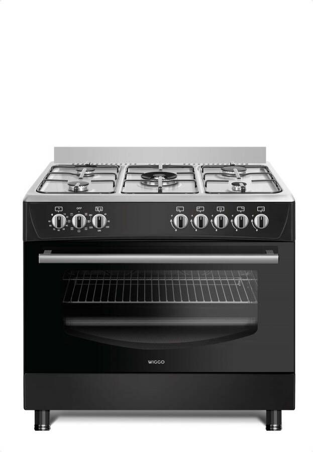 Wiggo WO-E903R(BX) Gasfornuis 5 Kookzones 5 Ovenstanden Wokbrander Timer 5 Jaar Garantie Zwart Rvs