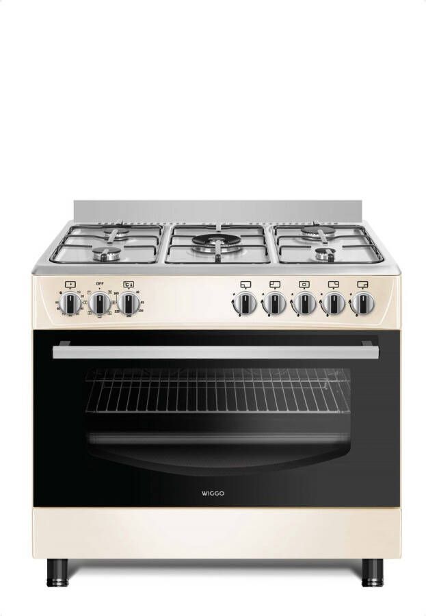 Wiggo WO-E903R(CX) Gasfornuis 5 Kookzones 5 Ovenstanden Wokbrander Timer 5 Jaar Garantie Créme Rvs