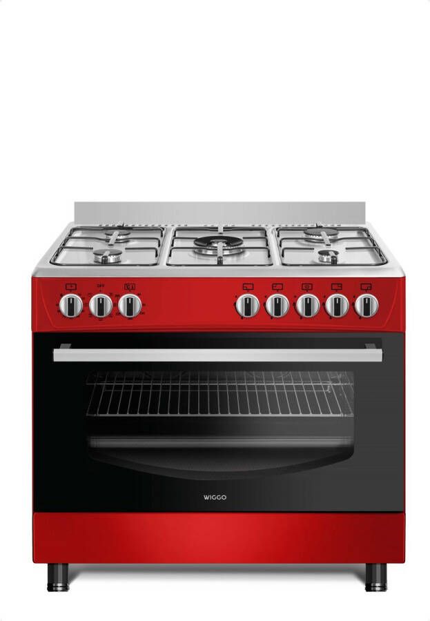 Wiggo WO-E903R(RX) Gasfornuis 5 Kookzones 5 Ovenstanden Wokbrander Timer 5 Jaar Garantie Rood Rvs