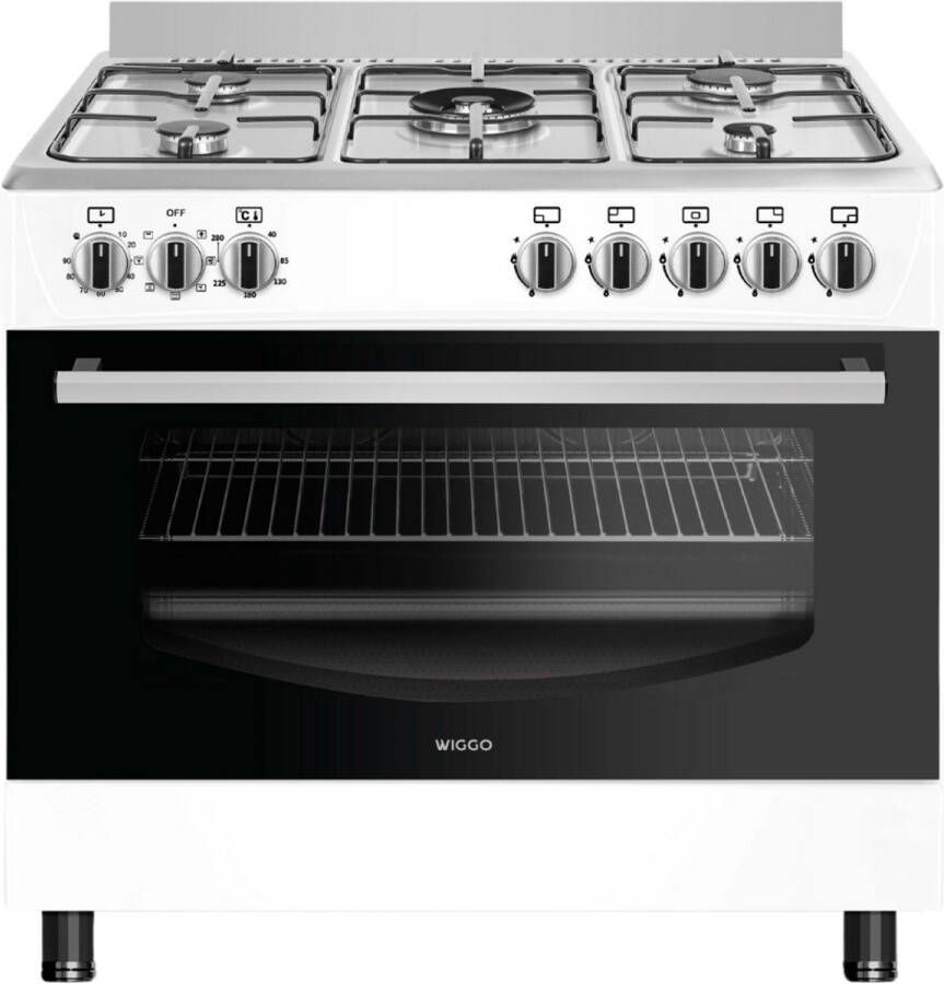 Wiggo WO-E905R(WX) Gasfornuis 5 Kookzones 7 Ovenstanden Wokbrander Timer 5 Jaar Garantie Wit Rvs