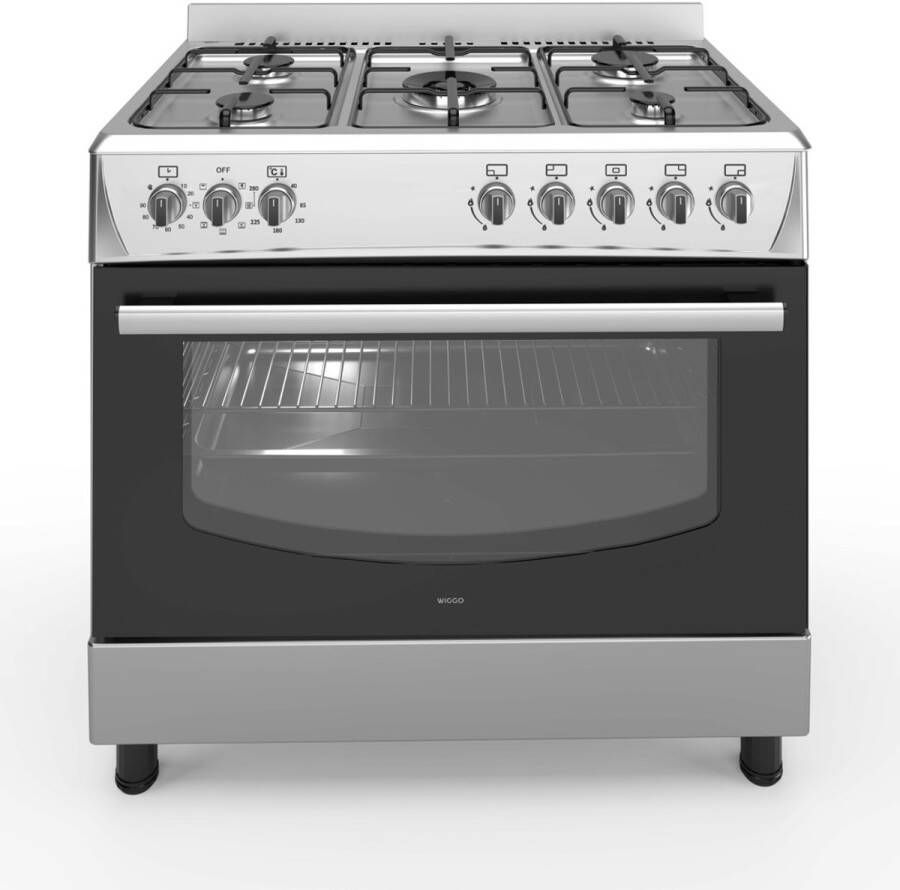 Wiggo WO-E905R(XX) Gasfornuis 5 Kookzones 7 Ovenstanden Wokbrander Timer 5 Jaar Garantie Roestvrijstaal